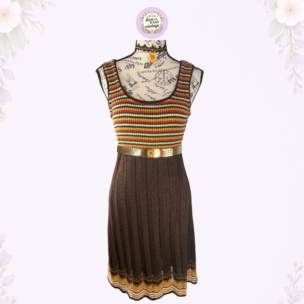 Y2K Earthy Striped Knit Tank Dress • 2000s Brown Midi Sweater Dress • M